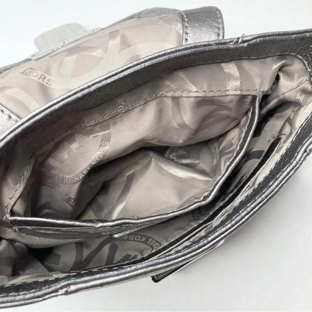 Michael Kors Metallic Silver Leather Chrome Buckle Lock Crossbody in EUC_12